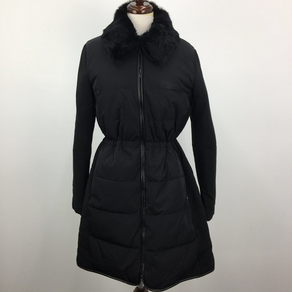 Theory Black Puffer with Rabbit Fur Collar and Leather Trim